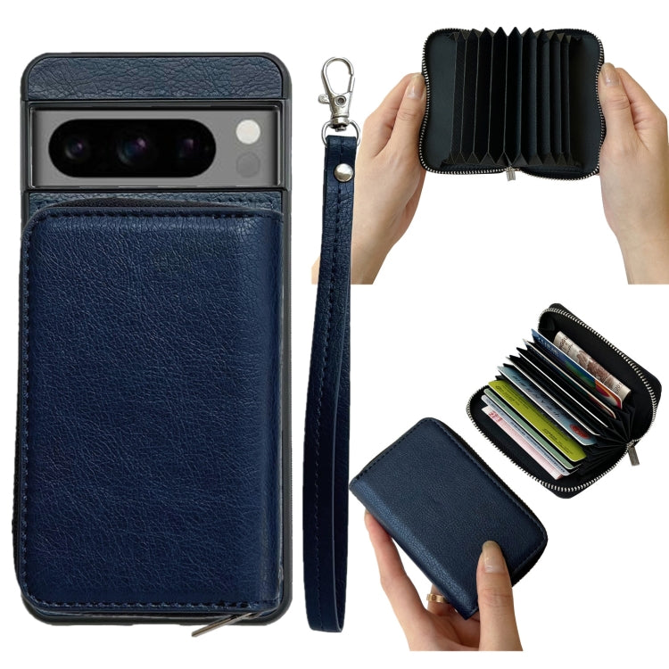 For Google Pixel 6a Solid Color Zipper 11-Card Slots Bag Phone Case with Lanyard(Blue) - Google Cases by PMC TechLife | Online Shopping South Africa | PMC TechLife | Buy Now Pay Later Mobicred