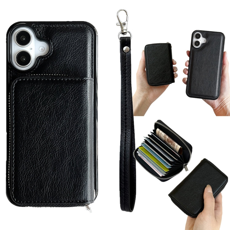 For iPhone 16 Solid Color Zipper 11-Card Slots Bag Phone Case with Lanyard(Black) - iPhone 16 Cases by PMC Jewellery | Online Shopping South Africa | PMC Jewellery | Buy Now Pay Later Mobicred