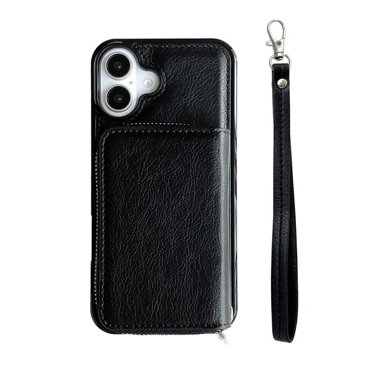 For iPhone 16 Solid Color Zipper 11-Card Slots Bag Phone Case with Lanyard(Black) - iPhone 16 Cases by PMC Jewellery | Online Shopping South Africa | PMC Jewellery | Buy Now Pay Later Mobicred