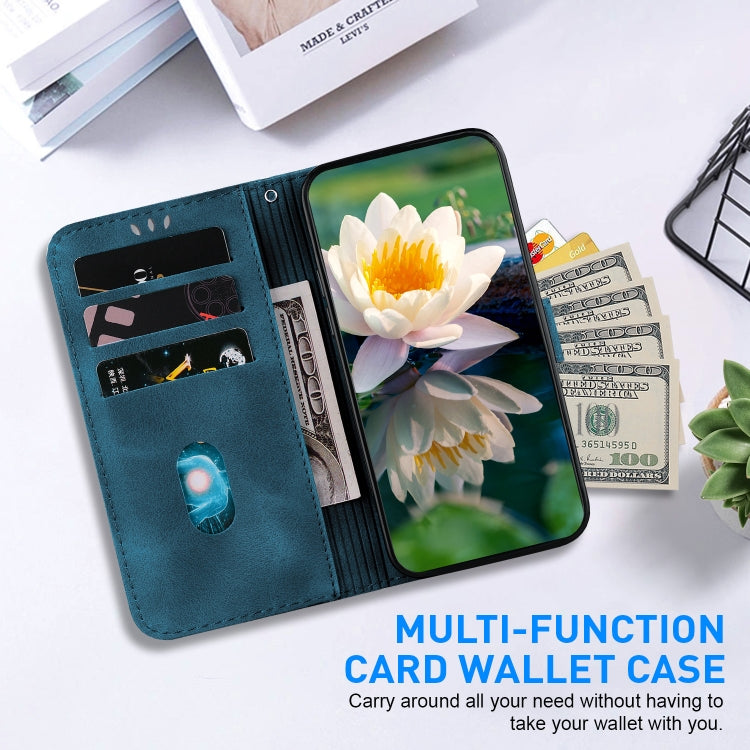 For iPhone 16e Lotus Embossed Leather Phone Case(Dark Blue) - iPhone 16e Cases by PMC TechLife | Online Shopping South Africa | PMC TechLife | Buy Now Pay Later Mobicred