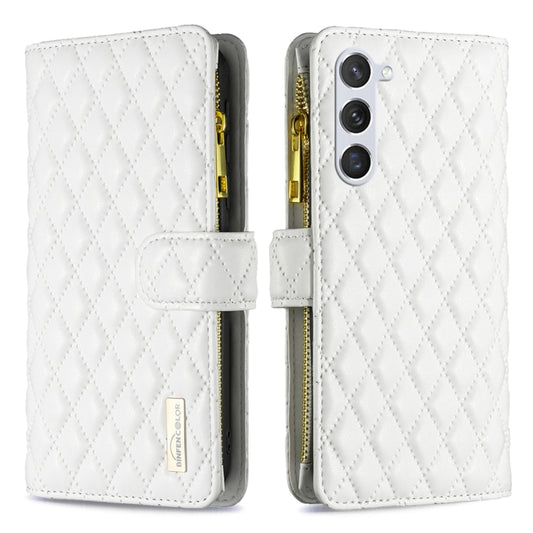 For Samsung Galaxy S25 5G Diamond Lattice Zipper Wallet Leather Flip Phone Case(White) - Galaxy S25 5G Cases by PMC Jewellery | Online Shopping South Africa | PMC Jewellery | Buy Now Pay Later Mobicred