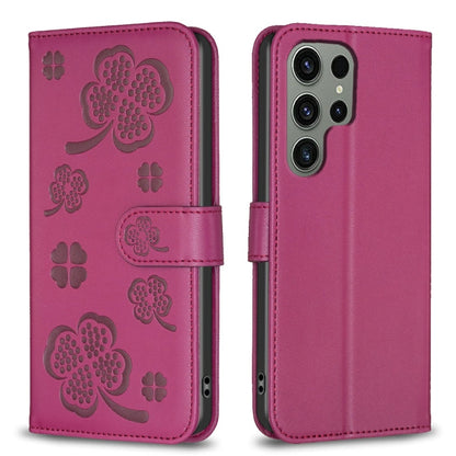 For Samsung Galaxy S25 Ultra 5G Four-leaf Embossed Leather Phone Case(Rose Red) - Galaxy S25 Ultra 5G Cases by PMC Jewellery | Online Shopping South Africa | PMC Jewellery | Buy Now Pay Later Mobicred