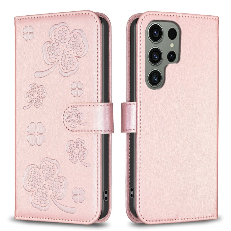 For Samsung Galaxy S25 Ultra 5G Four-leaf Embossed Leather Phone Case(Pink) - Galaxy S25 Ultra 5G Cases by PMC Jewellery | Online Shopping South Africa | PMC Jewellery | Buy Now Pay Later Mobicred