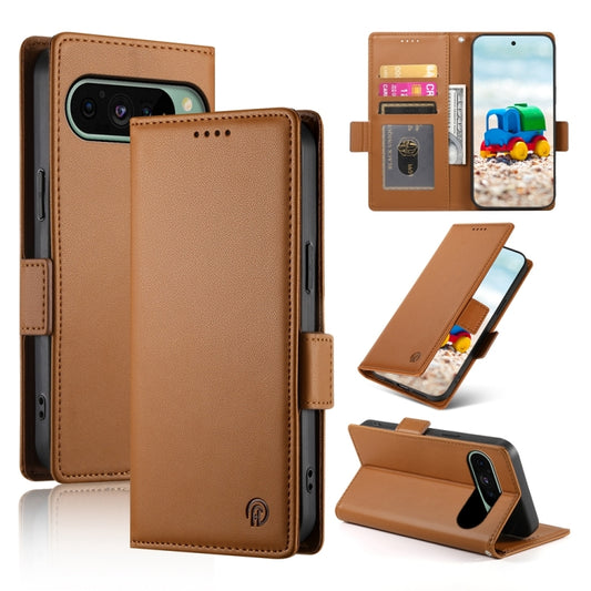 For Google Pixel 9 Side Buckle Magnetic Frosted Leather Phone Case(Brown) - Google Cases by PMC Jewellery | Online Shopping South Africa | PMC Jewellery | Buy Now Pay Later Mobicred