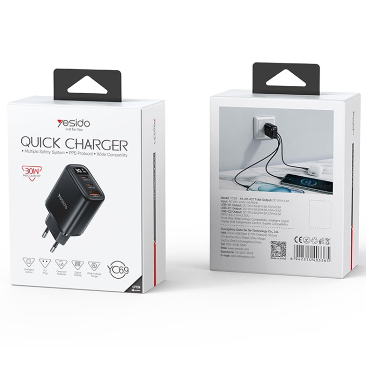 Yesido YC69 30W USB + Dual USB-C / Type-C Digital Display Charger, Specification:EU Plug(Black) - free shipping - PMC TechLife - Order now!