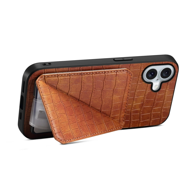 For iPhone 16 Imitation Crocodile Leather Back Phone Case with Holder(Brown) - iPhone 16 Cases by PMC Jewellery | Online Shopping South Africa | PMC Jewellery | Buy Now Pay Later Mobicred