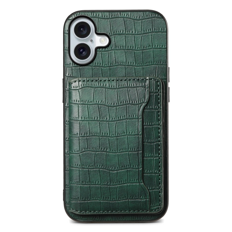 For iPhone 16 Plus Crocodile Texture Card Bag Design Full Coverage Phone Case(Green) - iPhone 16 Plus Cases by PMC Jewellery | Online Shopping South Africa | PMC Jewellery | Buy Now Pay Later Mobicred