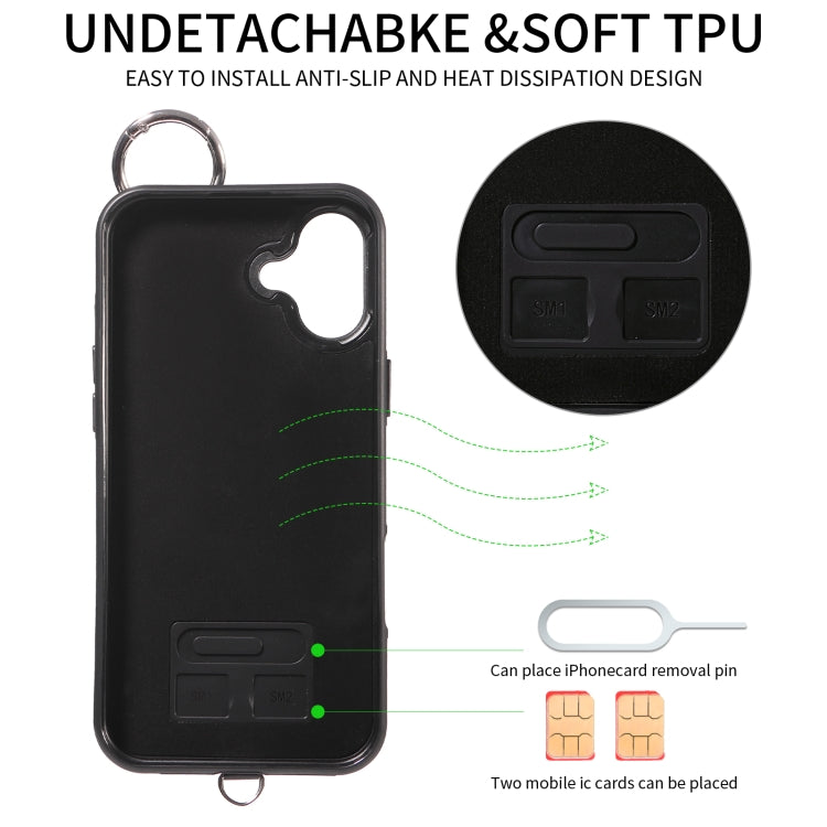 For iPhone 16 Plus Rhombic Texture Card Bag Phone Case with Short Lanyard(Black) - free shipping - PMC Jewellery - Order now!