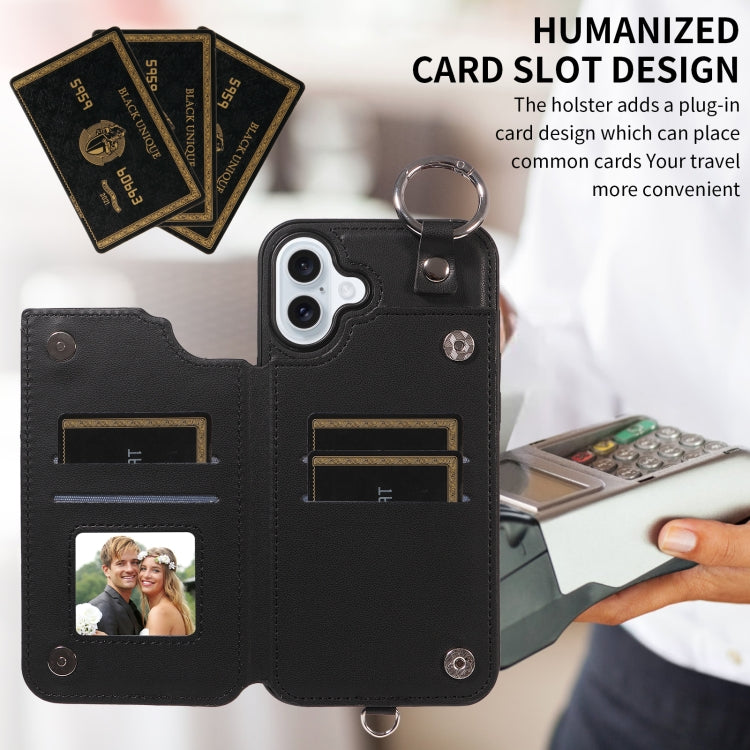 For iPhone 16 Plus Rhombic Texture Card Bag Phone Case with Short Lanyard(Black) - free shipping - PMC Jewellery - Order now!