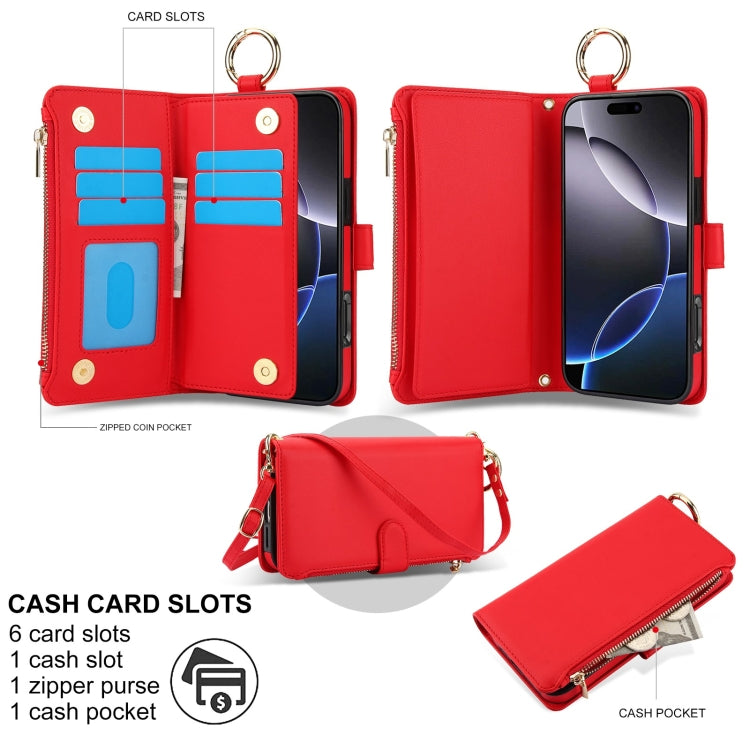 For iPhone 16 Pro Max Crossbody Ring Multifunctional Wallet Leather Phone Case(Red) - iPhone 16 Pro Max Cases by PMC Jewellery | Online Shopping South Africa | PMC Jewellery | Buy Now Pay Later Mobicred