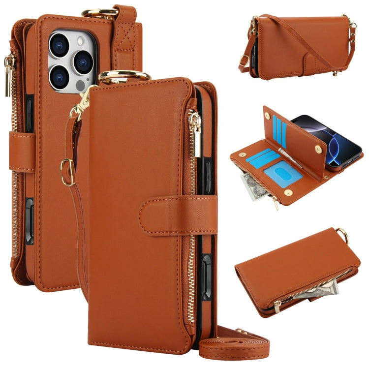 For iPhone 16 Pro Max Crossbody Ring Multifunctional Wallet Leather Phone Case(Brown) - iPhone 16 Pro Max Cases by PMC Jewellery | Online Shopping South Africa | PMC Jewellery | Buy Now Pay Later Mobicred