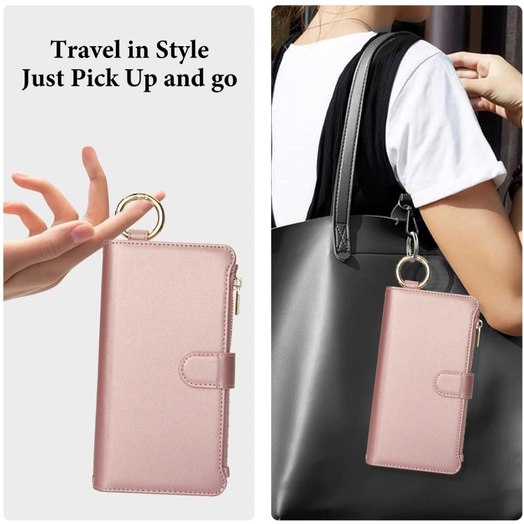 For iPhone 16 Plus Crossbody Ring Multifunctional Wallet Leather Phone Case(Rose Gold) - iPhone 16 Plus Cases by PMC Jewellery | Online Shopping South Africa | PMC Jewellery | Buy Now Pay Later Mobicred