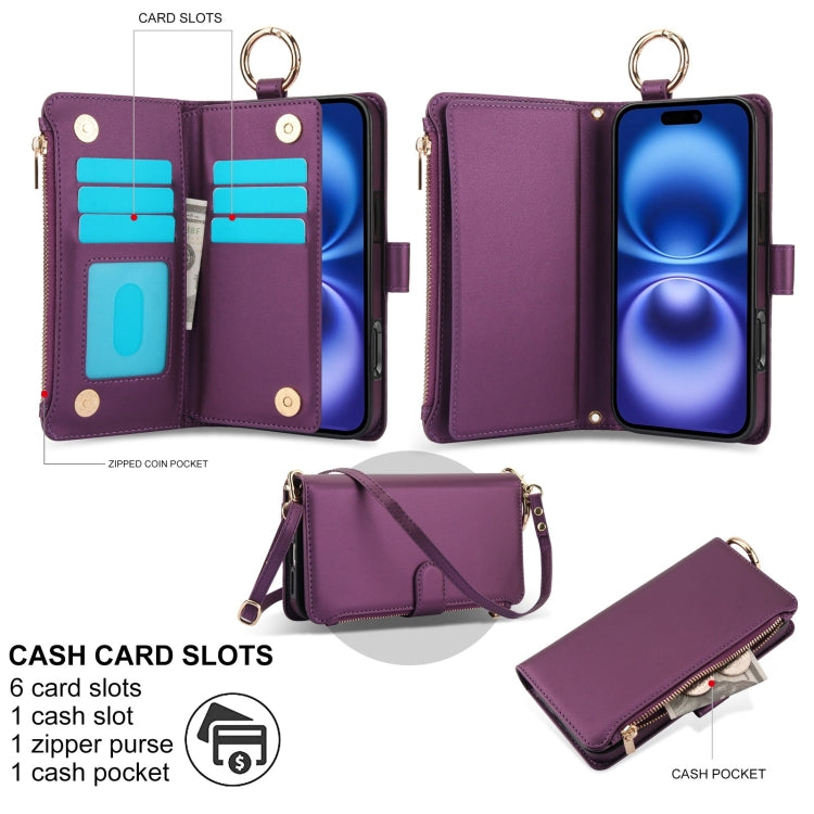 For iPhone 16 Plus Crossbody Ring Multifunctional Wallet Leather Phone Case(Dark Purple) - iPhone 16 Plus Cases by PMC Jewellery | Online Shopping South Africa | PMC Jewellery | Buy Now Pay Later Mobicred