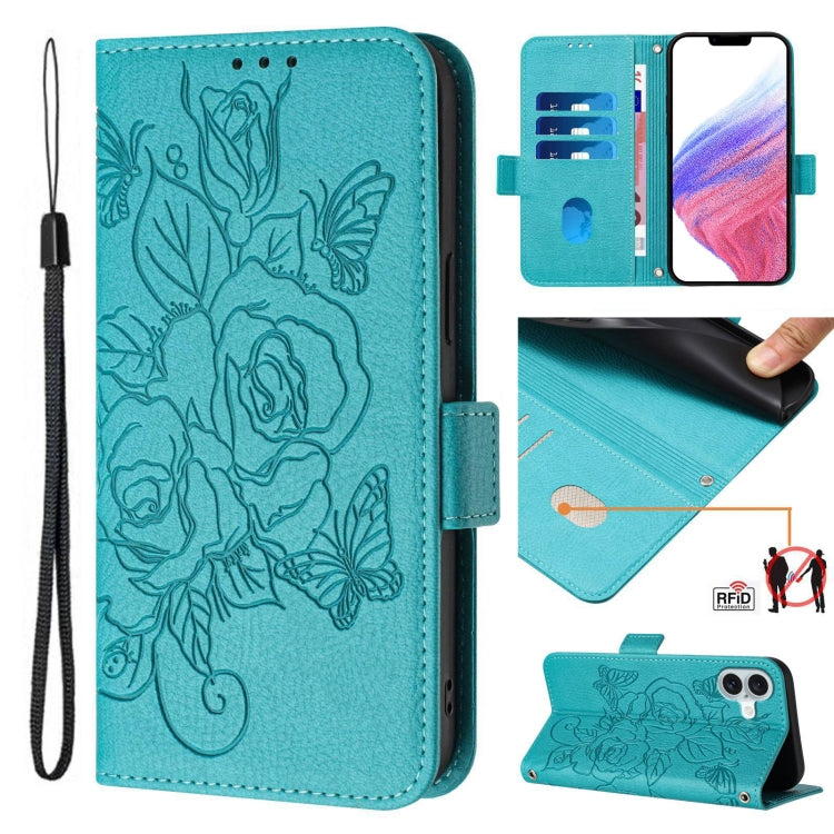For iPhone 16 Plus Embossed Rose RFID Anti-theft Leather Phone Case(Light Blue) - iPhone 16 Plus Cases by PMC TechLife | Online Shopping South Africa | PMC TechLife | Buy Now Pay Later Mobicred