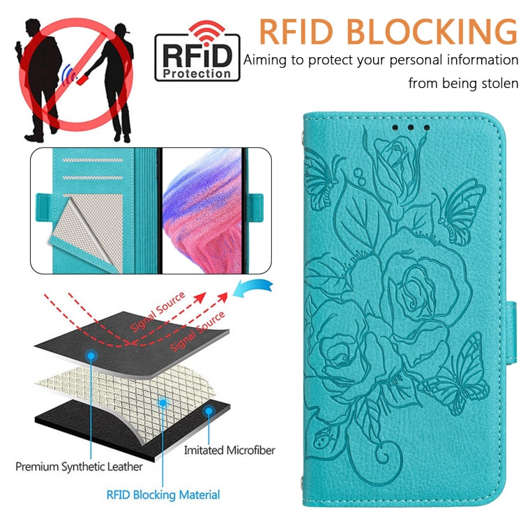 For iPhone 16 Plus Embossed Rose RFID Anti-theft Leather Phone Case(Light Blue) - iPhone 16 Plus Cases by PMC TechLife | Online Shopping South Africa | PMC TechLife | Buy Now Pay Later Mobicred