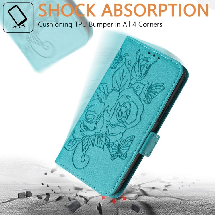 For iPhone 16 Plus Embossed Rose RFID Anti-theft Leather Phone Case(Light Blue) - iPhone 16 Plus Cases by PMC TechLife | Online Shopping South Africa | PMC TechLife | Buy Now Pay Later Mobicred