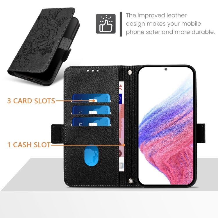 For iPhone 16 Pro Embossed Rose RFID Anti-theft Leather Phone Case(Black) - iPhone 16 Pro Cases by PMC TechLife | Online Shopping South Africa | PMC TechLife | Buy Now Pay Later Mobicred