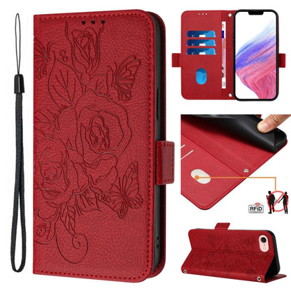 For iPhone SE 2024 Embossed Rose RFID Anti-theft Leather Phone Case(Red) - More iPhone Cases by PMC Jewellery | Online Shopping South Africa | PMC Jewellery | Buy Now Pay Later Mobicred