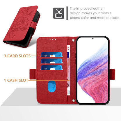 For iPhone SE 2024 Embossed Rose RFID Anti-theft Leather Phone Case(Red) - More iPhone Cases by PMC Jewellery | Online Shopping South Africa | PMC Jewellery | Buy Now Pay Later Mobicred