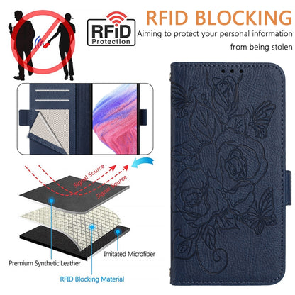 For iPhone SE 2024 Embossed Rose RFID Anti-theft Leather Phone Case(Dark Blue) - More iPhone Cases by PMC Jewellery | Online Shopping South Africa | PMC Jewellery | Buy Now Pay Later Mobicred