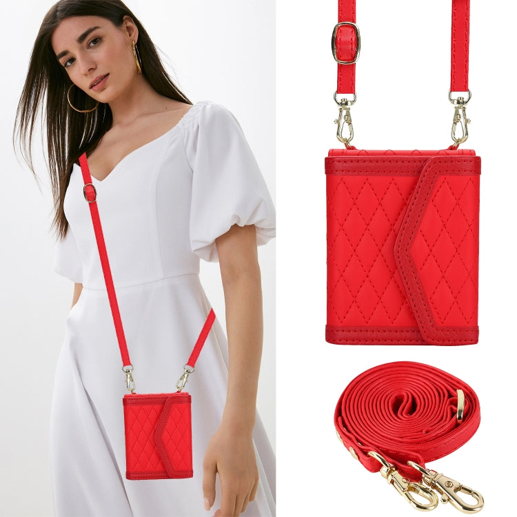 For Motorola Razr 40 Splicing Rhombic Texture Phone Case with Long & Short Lanyard(Red) - Motorola Cases by PMC TechLife | Online Shopping South Africa | PMC TechLife | Buy Now Pay Later Mobicred