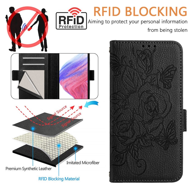 For Blackview WAVE 6C Embossed Rose RFID Anti-theft Leather Phone Case(Black) - More Brand by PMC Jewellery | Online Shopping South Africa | PMC Jewellery | Buy Now Pay Later Mobicred