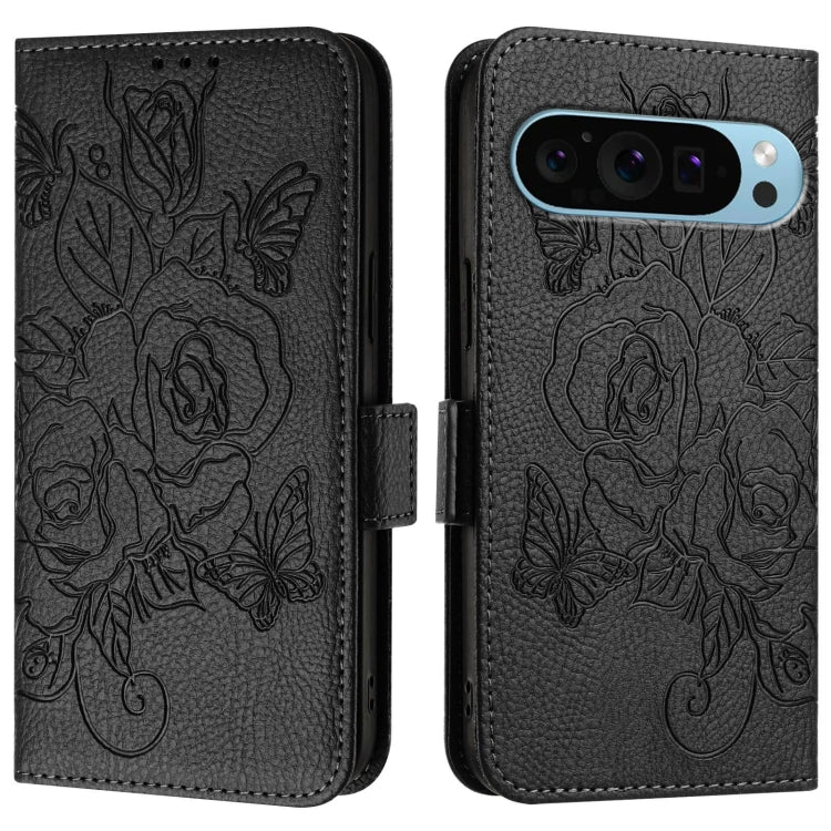For Google Pixel 9 Pro XL Embossed Rose RFID Anti-theft Leather Phone Case(Black) - Google Cases by PMC TechLife | Online Shopping South Africa | PMC TechLife | Buy Now Pay Later Mobicred