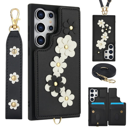 For Samsung Galaxy S25 Ultra 5G Crossbody Flower Pattern Leather Phone Case(Black) - Galaxy S25 Ultra 5G Cases by PMC Jewellery | Online Shopping South Africa | PMC Jewellery | Buy Now Pay Later Mobicred