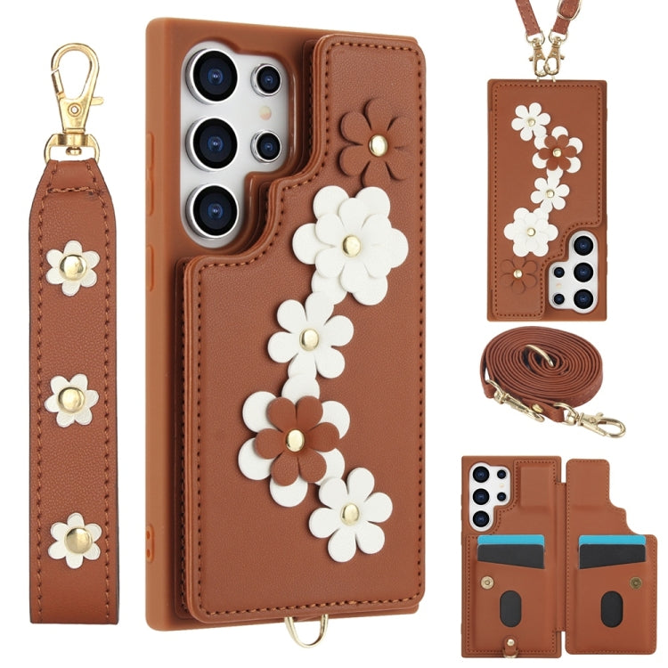 For Samsung Galaxy S25 Ultra 5G Crossbody Flower Pattern Leather Phone Case(Brown) - Galaxy S25 Ultra 5G Cases by PMC Jewellery | Online Shopping South Africa | PMC Jewellery | Buy Now Pay Later Mobicred