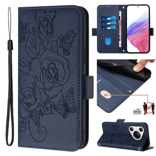 For Huawei Pura 70 Embossed Rose RFID Anti-theft Leather Phone Case(Dark Blue) - Huawei Cases by PMC Jewellery | Online Shopping South Africa | PMC Jewellery | Buy Now Pay Later Mobicred