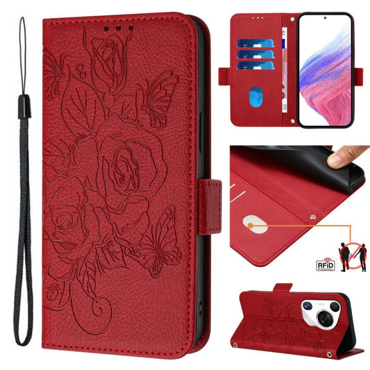 For Huawei Pura 70 Pro Embossed Rose RFID Anti-theft Leather Phone Case(Red) - Huawei Cases by PMC Jewellery | Online Shopping South Africa | PMC Jewellery | Buy Now Pay Later Mobicred