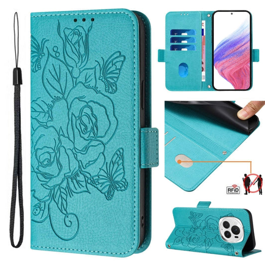 For Honor Magic6 Pro 5G Embossed Rose RFID Anti-theft Leather Phone Case(Light Blue) - Honor Cases by PMC Jewellery | Online Shopping South Africa | PMC Jewellery | Buy Now Pay Later Mobicred