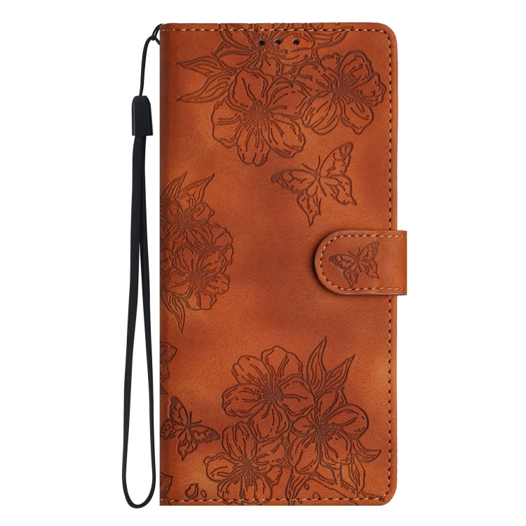 For Samsung Galaxy S25 Ultra 5G Cherry Blossom Butterfly Skin Feel Embossed PU Phone Case(Brown) - Galaxy S25 Ultra 5G Cases by PMC Jewellery | Online Shopping South Africa | PMC Jewellery | Buy Now Pay Later Mobicred