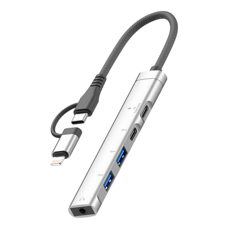 5 in 2 Multi-function HUB Adapter, Interface:USB-C / Type-C + 8 Pin(Silver) - free shipping - PMC Jewellery - Order now!