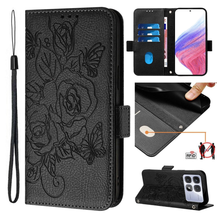 For Redmi K70 Ultra 5G Global Embossed Rose RFID Anti-theft Leather Phone Case(Black) - Xiaomi Cases by PMC Jewellery | Online Shopping South Africa | PMC Jewellery | Buy Now Pay Later Mobicred