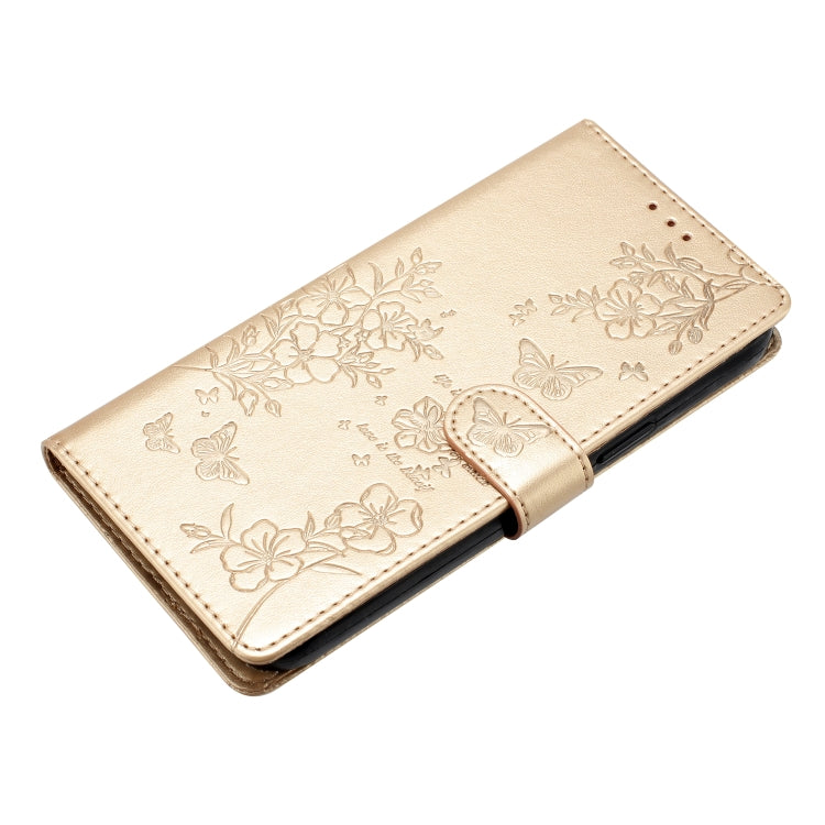 For iPhone 16 Plus Butterflies and Flowers Leather Phone Case(Gold) - iPhone 16 Plus Cases by PMC Jewellery | Online Shopping South Africa | PMC Jewellery | Buy Now Pay Later Mobicred