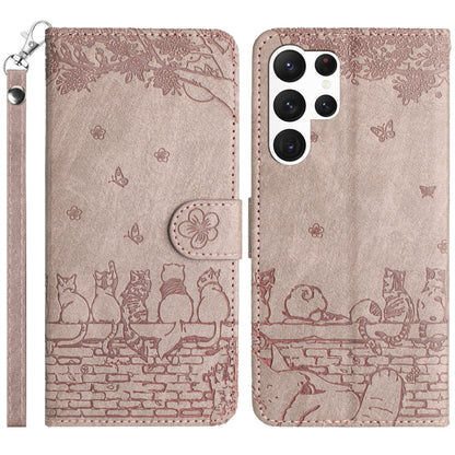 For Samsung Galaxy S25 Ultra 5G Cat Embossing Pattern Leather Phone Case with Lanyard(Grey) - Galaxy S25 Ultra 5G Cases by PMC Jewellery | Online Shopping South Africa | PMC Jewellery | Buy Now Pay Later Mobicred