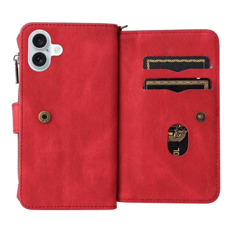 For iPhone 16 Plus Skin Feel Multi Card Slots Zipper Wallet Leather Phone Case(Red) - iPhone 16 Plus Cases by PMC Jewellery | Online Shopping South Africa | PMC Jewellery | Buy Now Pay Later Mobicred