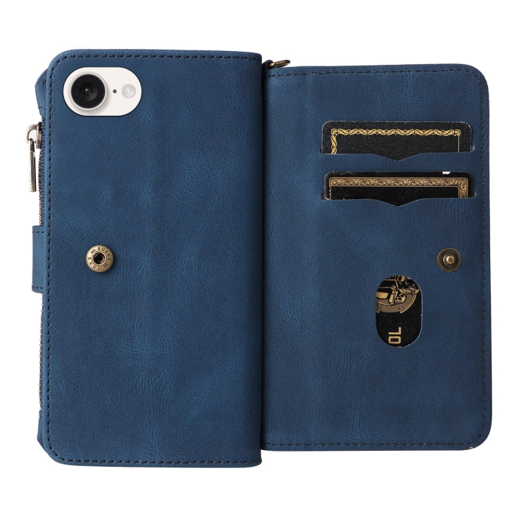 For iPhone 16e Skin Feel Multi Card Slots Zipper Wallet Leather Phone Case(Blue) - iPhone 16e Cases by PMC TechLife | Online Shopping South Africa | PMC TechLife | Buy Now Pay Later Mobicred