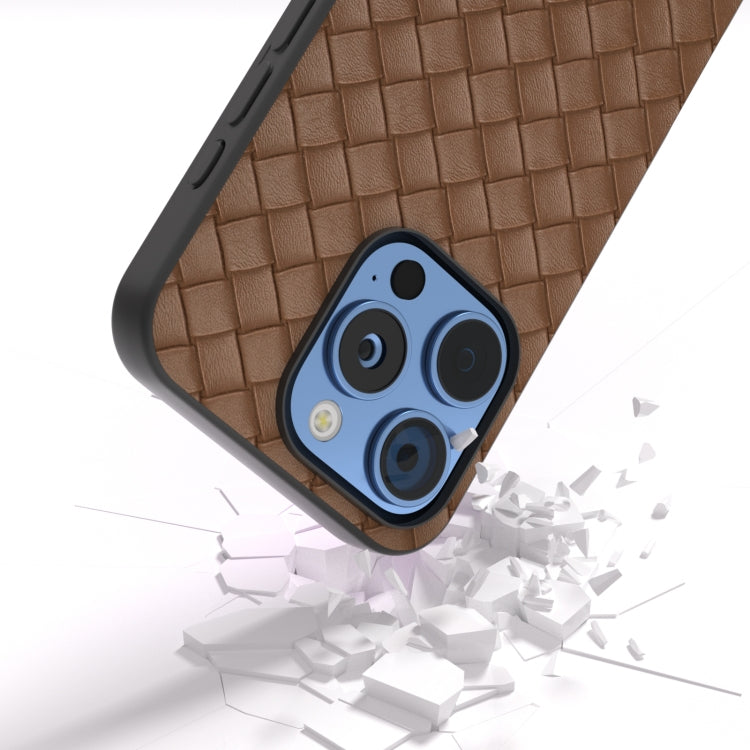 For iPhone 16 Pro Black Frame Woven Texture PU Phone Case(Brown) - iPhone 16 Pro Cases by PMC TechLife | Online Shopping South Africa | PMC TechLife | Buy Now Pay Later Mobicred