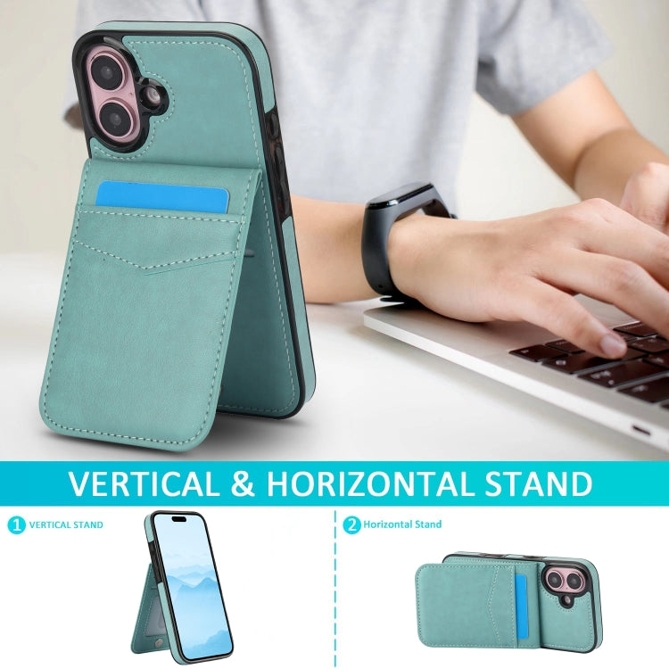 For iPhone 16 Solid Color Card Slots Bracket PU Phone Case(Mint Green) - iPhone 16 Cases by PMC TechLife | Online Shopping South Africa | PMC TechLife | Buy Now Pay Later Mobicred