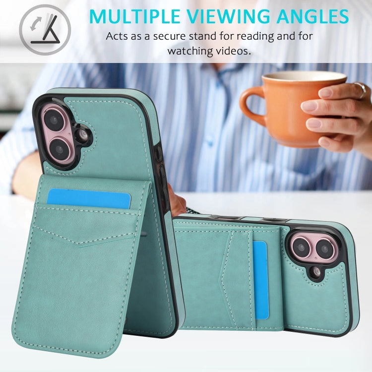 For iPhone 16 Solid Color Card Slots Bracket PU Phone Case(Mint Green) - iPhone 16 Cases by PMC TechLife | Online Shopping South Africa | PMC TechLife | Buy Now Pay Later Mobicred