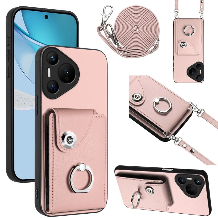 For Huawei Pura 70 Organ Card Bag Ring Holder Phone Case with Long Lanyard(Pink) - Huawei Cases by PMC Jewellery | Online Shopping South Africa | PMC Jewellery | Buy Now Pay Later Mobicred