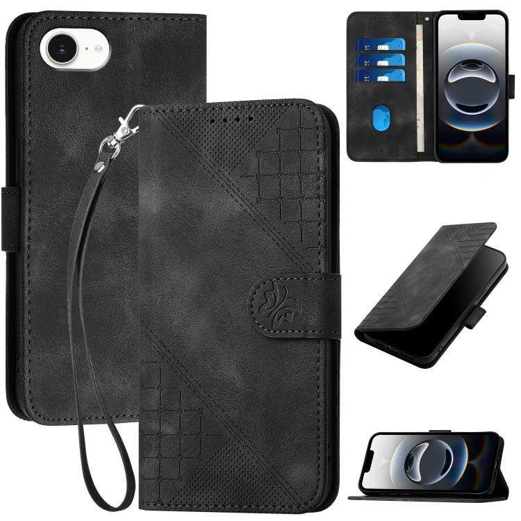 For iPhone 16e YX0080 Grid Butterfly Embossed Pattern Flip Leather Phone Case with Lanyard(Black) - iPhone 16e Cases by PMC TechLife | Online Shopping South Africa | PMC TechLife | Buy Now Pay Later Mobicred