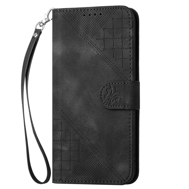 For iPhone 16e YX0080 Grid Butterfly Embossed Pattern Flip Leather Phone Case with Lanyard(Black) - iPhone 16e Cases by PMC TechLife | Online Shopping South Africa | PMC TechLife | Buy Now Pay Later Mobicred