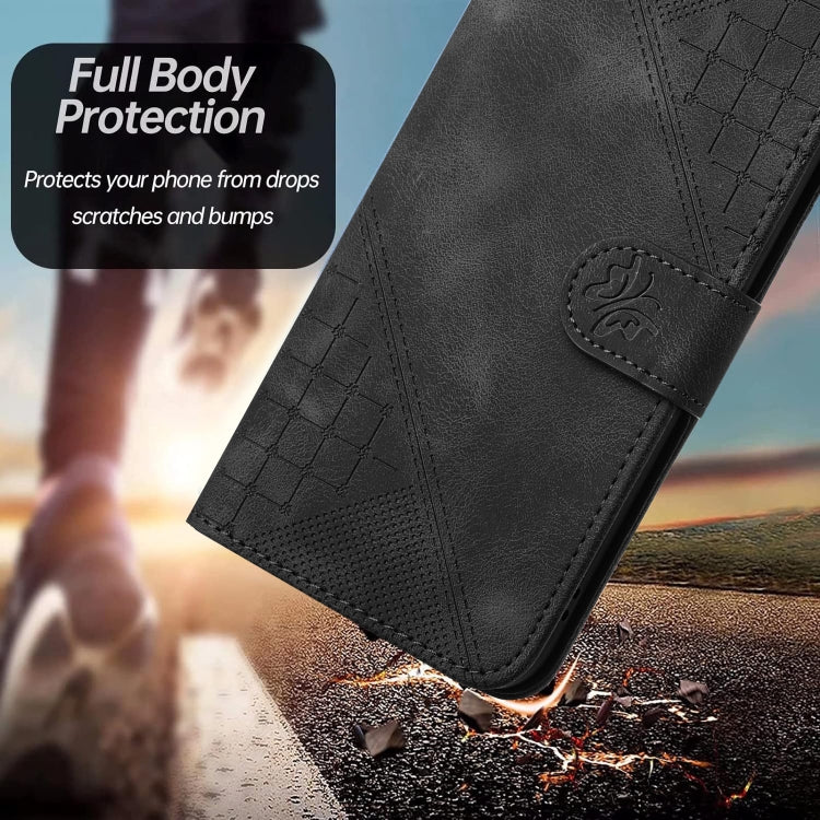 For iPhone 16e YX0080 Grid Butterfly Embossed Pattern Flip Leather Phone Case with Lanyard(Black) - iPhone 16e Cases by PMC TechLife | Online Shopping South Africa | PMC TechLife | Buy Now Pay Later Mobicred