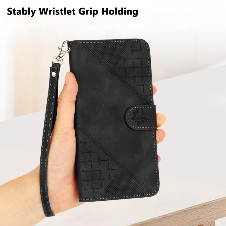 For iPhone 16e YX0080 Grid Butterfly Embossed Pattern Flip Leather Phone Case with Lanyard(Black) - iPhone 16e Cases by PMC TechLife | Online Shopping South Africa | PMC TechLife | Buy Now Pay Later Mobicred