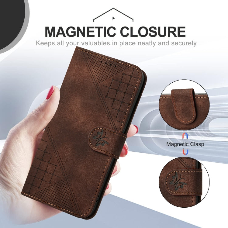 For iPhone 16e YX0080 Grid Butterfly Embossed Pattern Flip Leather Phone Case with Lanyard(Coffee) - iPhone 16e Cases by PMC TechLife | Online Shopping South Africa | PMC TechLife | Buy Now Pay Later Mobicred