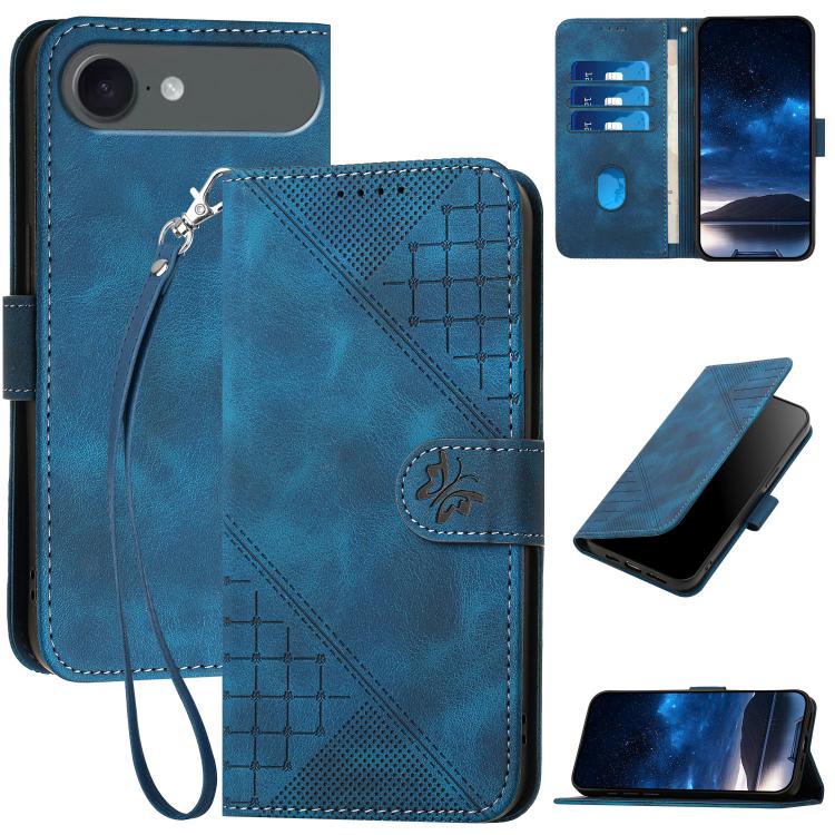 For iPhone 17 Air YX0080 Grid Butterfly Embossed Pattern Flip Leather Phone Case with Lanyard(Dark Blue) - free shipping - PMc TechLife - Order now!