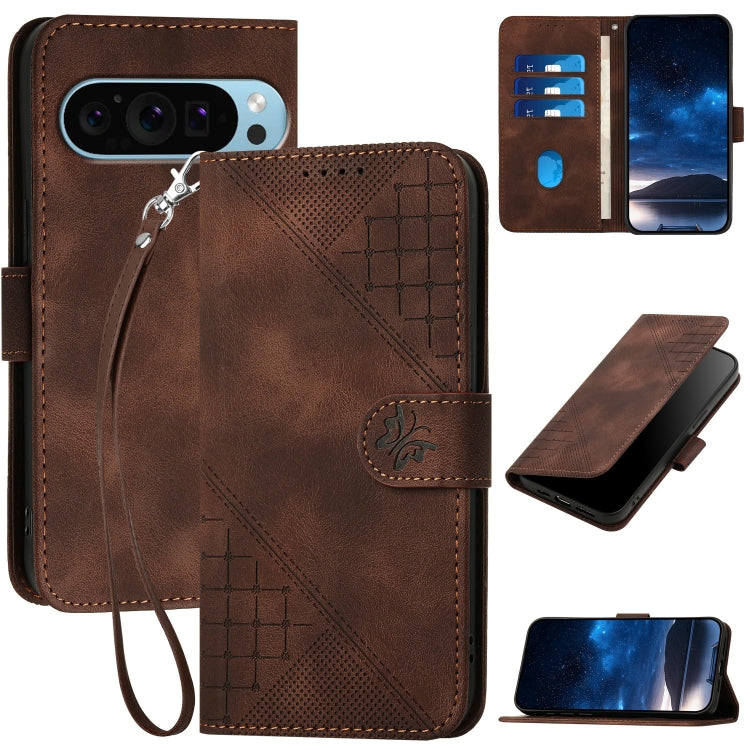 For Google Pixel 9 Pro XL YX0080 Grid Butterfly Embossed Pattern Flip Leather Phone Case with Lanyard(Coffee) - Google Cases by PMC TechLife | Online Shopping South Africa | PMC TechLife | Buy Now Pay Later Mobicred